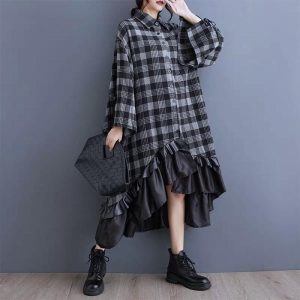 LC1749 Premium Oversized Midi Dress Motif Kotak Fashion Korea Terbaru