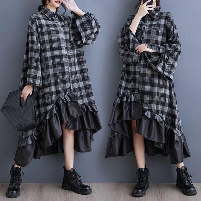 LC1749 Premium Oversized Midi Dress Motif Kotak Fashion Korea Terbaru - Gambar 3